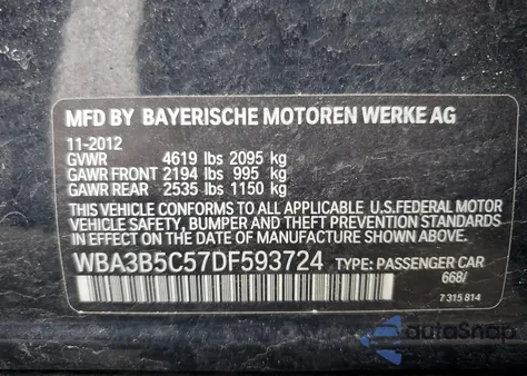 2013 BMW 328 Xi Sulev z USA, uszkodzony, nr VIN WBA3B5C57DF593724